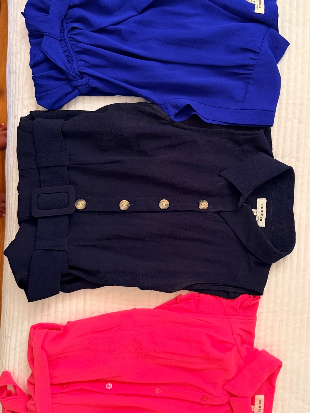 Set of Three Sleeveless Blouses in Cobalt, Navy, and Hot Pink